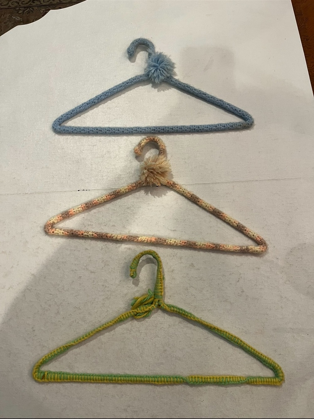 Vintage hand Knit /Crochet Multicolor Covered Hangers Set. Set of 3